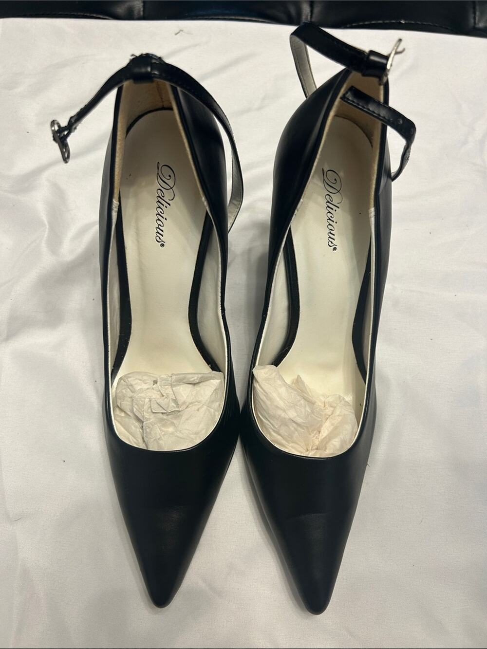 Delicious Black Pointed-Toe Ankle-Strap Pumps